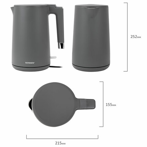 Чайник электрический с двойными стенками SONNEN KT-8719G, 1,5 л, 2200 Вт, графитовый, 454693