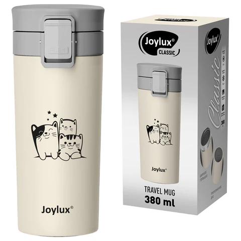 Термокружка 380 мл JOYLUX (ДЖОЙЛЮКС) CLASSIC CAT, нержавеющая сталь SUS304, бежевый с принтом, 700272