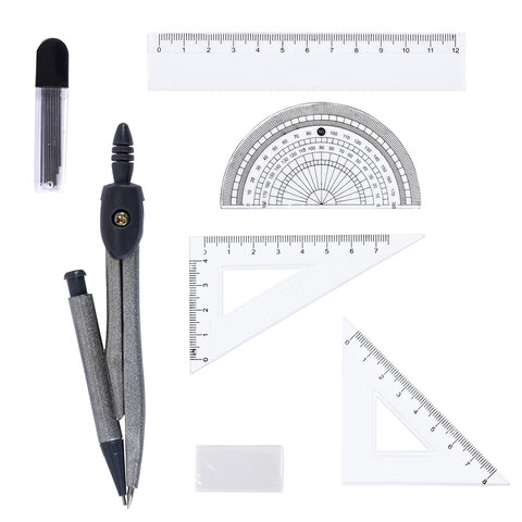 Готовальня ПИФАГОР 8 предметов: циркуль 120 мм, чертежные принадлежности, пластиковый пенал, 210860
