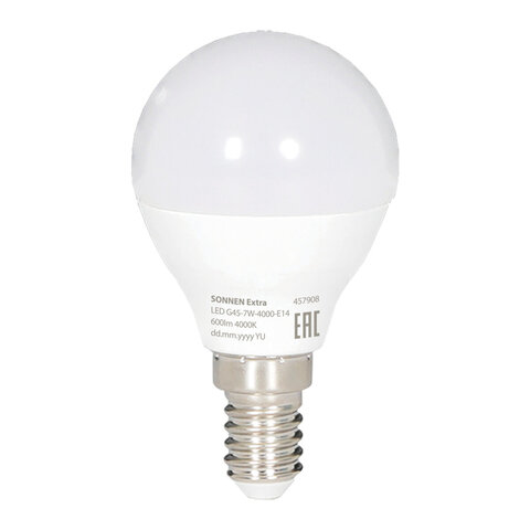 Лампа светодиодная SONNEN EXTRA, 7 (60) Вт, E14, шар, нейтральный белый, 30000 ч, LED G45-7W-4000-Е14, 457908