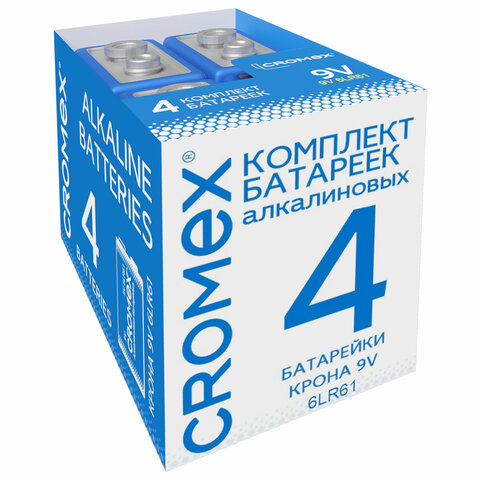 Батарейки алкалиновые КОМПЛЕКТ 4 шт., CROMEX (КРОМЕКС) Alkaline, Крона 9V (6LR61, 6LF22, 1604A), короб, 456453