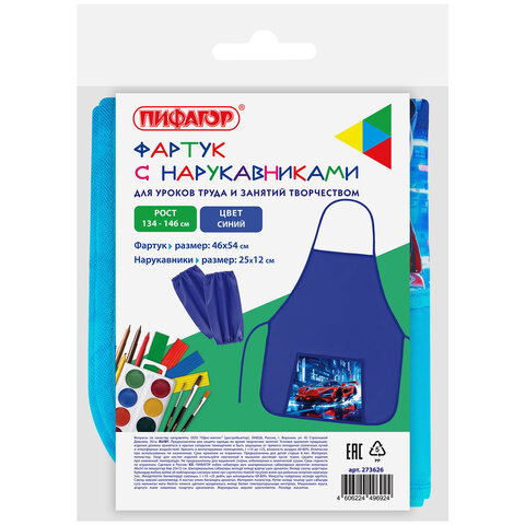 Фартук с нарукавниками для уроков труда ПИФАГОР, 1 карман, 46х54 см, "Speed rusher", 273626