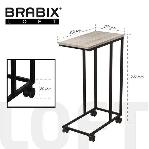 Стол журнальный BRABIX "LOFT CT-001", 450х250х680 мм, на колёсах, металлический каркас, цвет дуб антик, 641860
