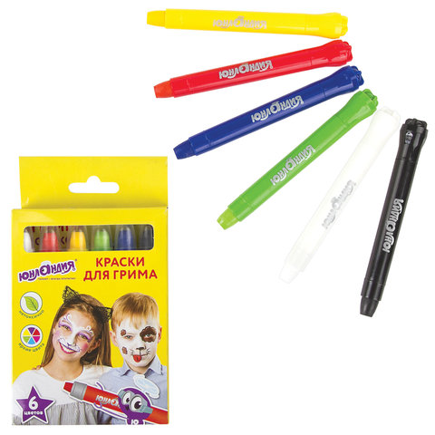 Краски для грима (аквагрим) ЮНЛАНДИЯ, НАБОР 6 цветов, яркие цвета, для лица и тела, смываются водой, 191307