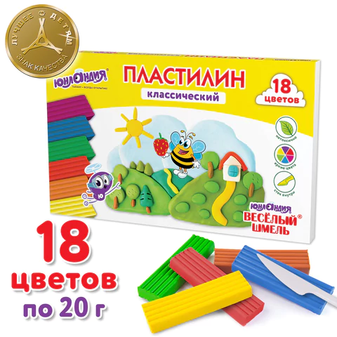 Пластилин классический ЮНЛАНДИЯ "ВЕСЁЛЫЙ ШМЕЛЬ", 18 цветов, 360 грамм, стек, ВЫСШЕЕ КАЧЕСТВО, 106432
