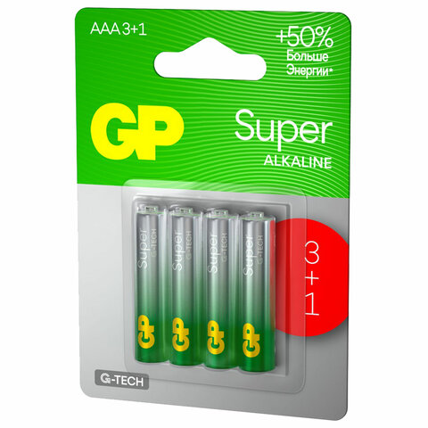 Батарейки КОМПЛЕКТ 4 шт., GP Super G-Tech, AAA (LR03,24А), алкалиновые, мизинчиковые, ПРОМО 3+1, 24A3/1-2CR4