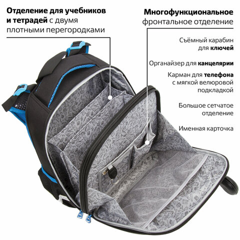 Ранец BRAUBERG PREMIUM, 2 отделения, с брелком, "Moon", СВЕТЯЩИЙСЯ, 38х29х16 см, 229905