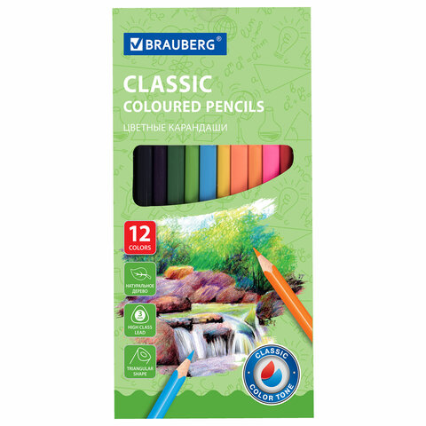 Карандаши цветные BRAUBERG, 60 цветов (Базовые, Металлик, Неон, Пастель, Телесные), трехгранные, грифель 3 мм, натуральное дерево, 181792