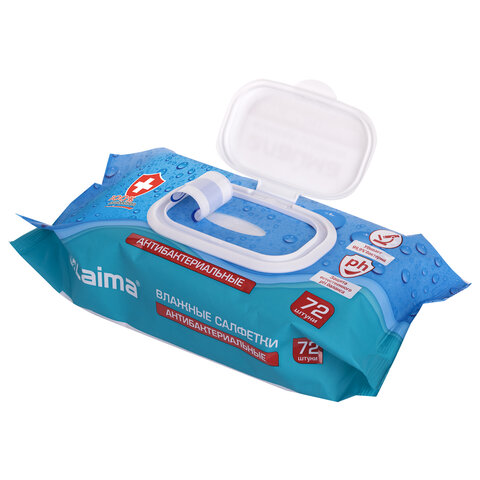 Салфетки влажные 72 шт., АНТИБАКТЕРИАЛЬНЫЕ с пластиковым клапаном, LAIMA "Antibacterial", 129997
