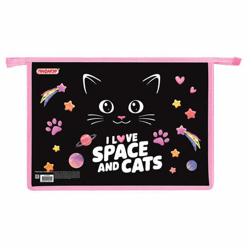 Папка для тетрадей ПИФАГОР А4, 1 отделение, картон/пластик, на молнии, "Dark kitten", 273339