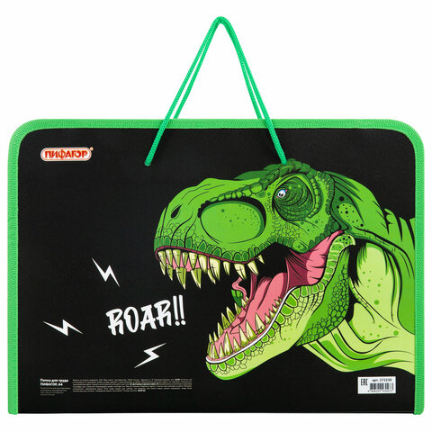 Папка для труда на молнии с ручками ПИФАГОР А4, 1 отделение, пластик, органайзер, "Dino roar", 272230