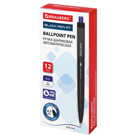 Ручка шариковая масляная автоматическая BRAUBERG "BLACK PEN RT", СИНЯЯ, игольчатый наконечник 0,7 мм, линия письма 0,35 мм, 144326
