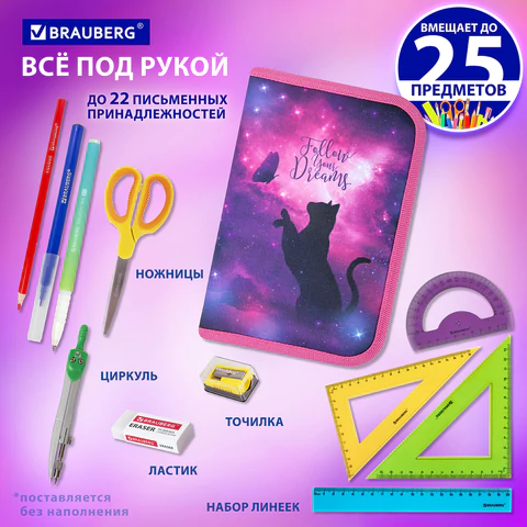 Пенал BRAUBERG, 1 отделение, 1 откидная планка, полиэстер, 21х14 см, "Space cat", 270712