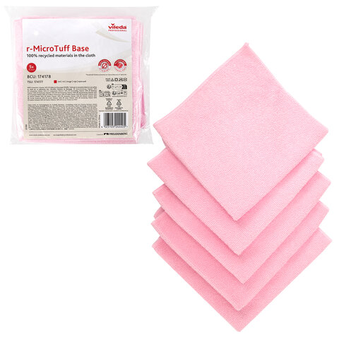 Салфетки VILEDA PROFESSIONAL "МикроТафф Бейс" КОМПЛЕКТ 5 шт., микрофибра, красный, 36х36 см, 174178