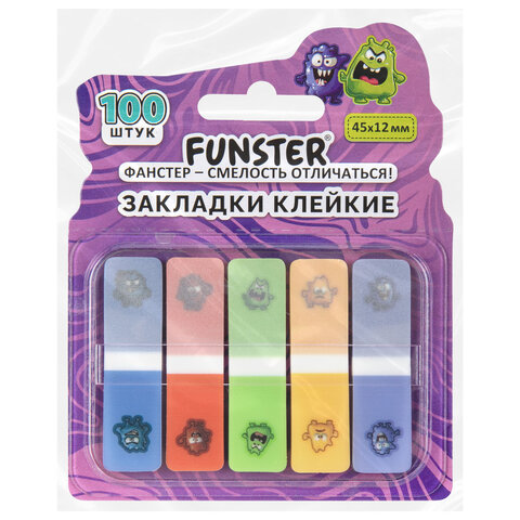 Закладки клейкие Z-сложения FUNSTER (ФАНСТЕР) "Монстрики", 45х12 мм, 100 шт. (5 цветов х 20 листов), в диспенсере, 116701