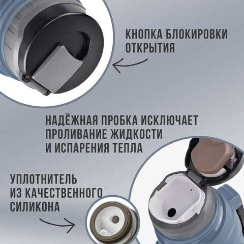 Термос классический, нержавеющая сталь 2 л, черно-серый, 2 кружки, ручка + ремешок, TAIGARU (ТАЙГАРУ), 608818