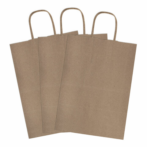 Крафт-пакет бумажный 26х15х35 см, КОМПЛЕКТ 50 шт., крученые ручки, плотность 90 г/м2, LAIMA ECO CRAFT, 609686