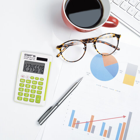 Калькулятор карманный STAFF STF-6238 (104х63 мм), 8 разрядов, двойное питание, БЕЛЫЙ С ЗЕЛЁНЫМИ КНОПКАМИ, блистер, 250283