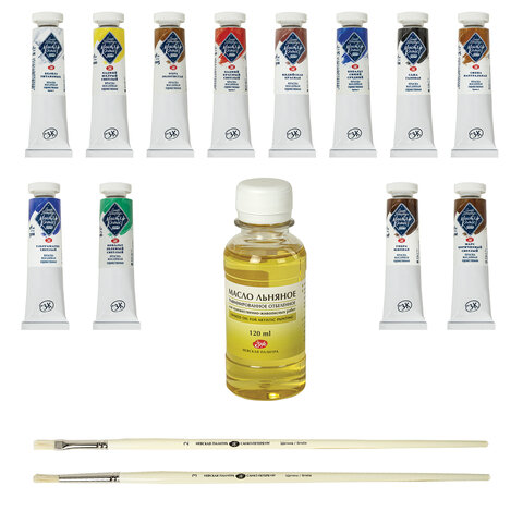 Краски масляные художественные "Мастер класс", 12 цветов по 18 мл + масло льняное 120 мл + 2 кисти, Невская Палитра, 1141965