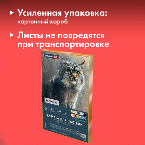 Бумага для пастели АБРАЗИВНАЯ А4 в коробке, 40 листов, 10 цветов, 240 г/м2, BRAUBERG ART, 117767