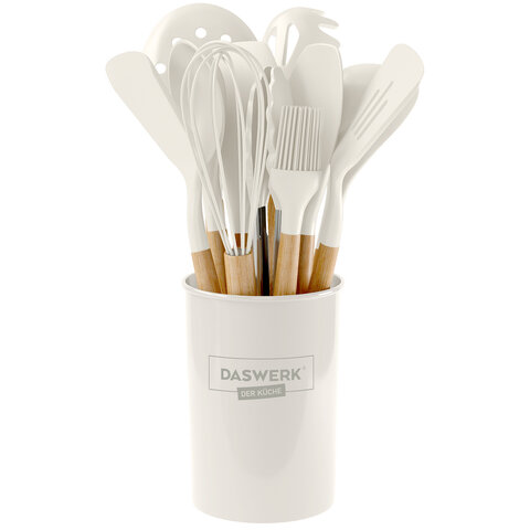 Набор силиконовых кухонных принадлежностей с деревянными ручками 12 в 1, молочный, DASWERK (ДАСВЕРК), 608193