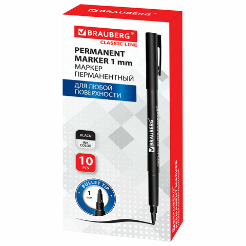 Маркер перманентный BRAUBERG "CLASSICLine", ЧЕРНЫЙ, тонкий наконечник 1 мм, 150296