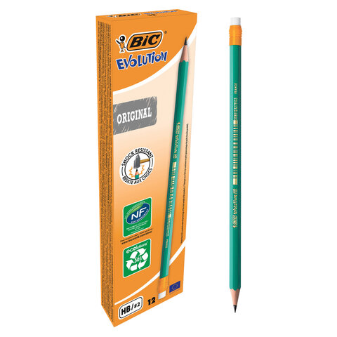 Карандаш чернографитный BIC, 1 шт., "Evolution", HB, с ластиком, корпус зеленый, 8803323