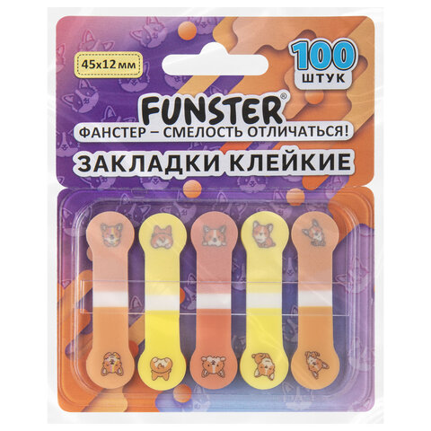 Закладки клейкие Z-сложения FUNSTER (ФАНСТЕР) "Корги", 45х12 мм, 100 шт. (5 цветов х 20 листов), в диспенсере, 116695