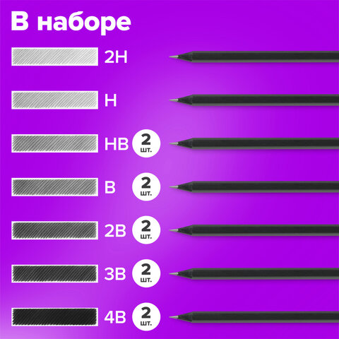 Карандаши чернографитные BRAUBERG НАБОР 12 шт., "Black Jack", 2Н-4В, без резинки, черные, дерево, заточенные, 180620
