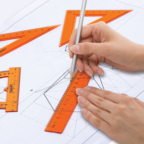 Набор чертежный ПИФАГОР (линейка 16 см, 2 треугольника, транспортир), неоновый, прозрачный, ассорти, 210851