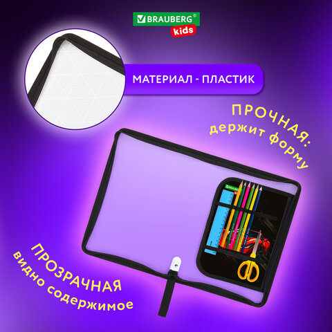 Папка для труда на молнии BRAUBERG KIDS А4, 1 отделение, прозрачная, органайзер, "Красная машина", 272209