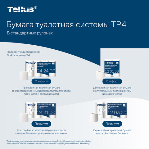 Бумага туалетная Tellus/TORK (Система T4) PREMIUM, спайка 8 рулонов по 23 метра, 2-слойная, белая, 120320