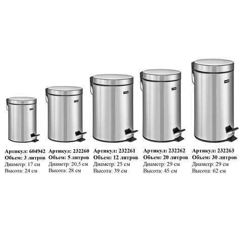 Ведро мусорное с педалью 3 литра "Classic", ЗЕРКАЛЬНОЕ, нержавеющая сталь, со съемным внутренним ведром, LAIMA, 604942