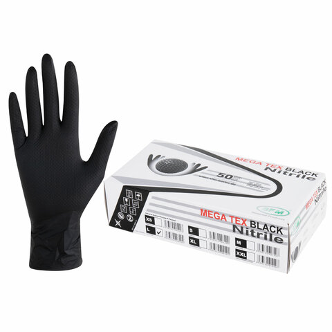 Перчатки нитриловые сверхпрочные с текстурой SFM MEGA TEX BLACK, Германия, 25 пар (50 штук), размер 8-9 (большой)
