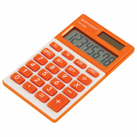 Калькулятор карманный BRAUBERG PK-608-RG (107x64 мм), 8 разрядов, двойное питание, ОРАНЖЕВЫЙ, 250522
