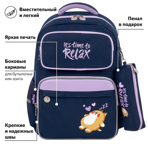 Рюкзак ЮНЛАНДИЯ COMPLETE, с пеналом в комплекте, эрго-спинка, "Bored cat", 42х29х14 см, 272055