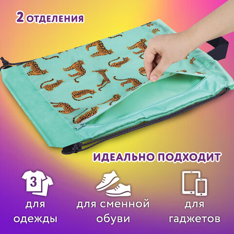 Мешок для обуви ЮНЛАНДИЯ, с ручками, боковой карман на молнии, 46х36 см, "Wild Cats", 271614