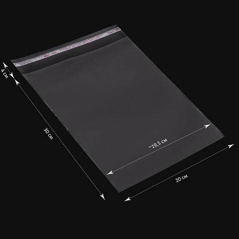 Пакет БОПП с клеевым клапаном, КОМПЛЕКТ 100 шт., 20х30+4 см, толщина 30 мкм, с усиленным швом