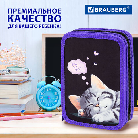 Пенал BRAUBERG, 3 отделения, полиэстер, 21х14 см, "Sleeping kitten", 273538