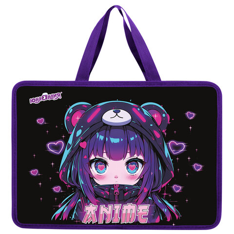 Папка на молнии с ручками ЮНЛАНДИЯ А4, 1 отделение, пластик, 80 мм, "Anime fan", 273362