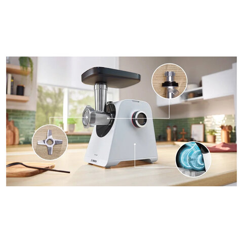 Мясорубка BOSCH MFWS420W, мощность 1900 Вт, производительность 2,5 кг/мин, металлический шнек, реверс
