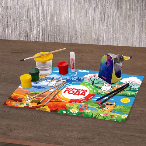 Настольное покрытие BRAUBERG KIDS, А3+, пластик, 46x33 см, "Кот-энтузиаст изучает Времена года", 273618