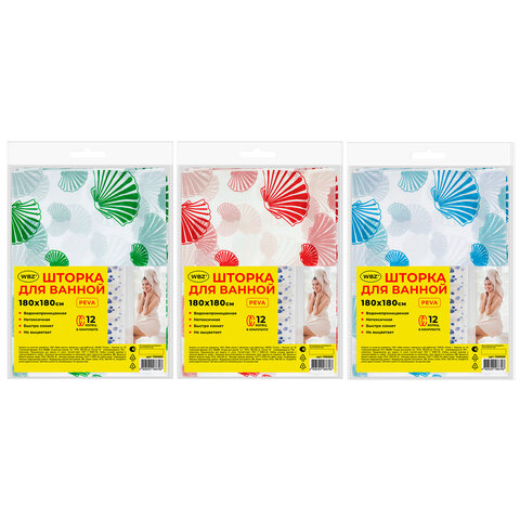 Шторка для ванной PEVA, 180х180 см, кольца в комплекте, 3 дизайна ассорти, МОРЕ, WBZ (ВБЗ), 700069