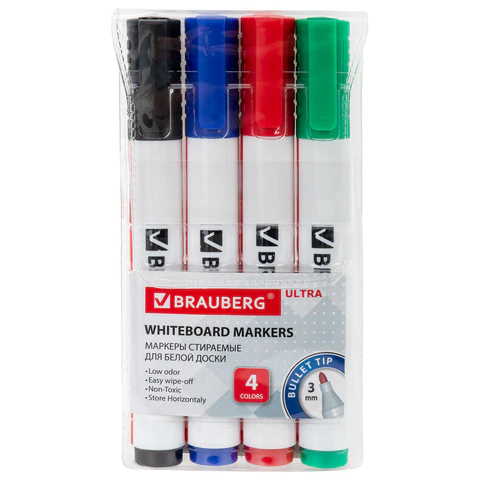 Маркеры стираемые для белой доски, НАБОР 4 ЦВЕТА, BRAUBERG "ULTRA WHITEBOARD MARKER", 3 мм, 152635