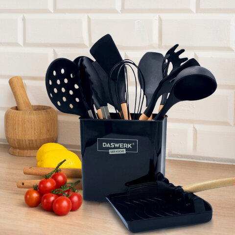Набор силиконовых кухонных принадлежностей с деревянными ручками 13 в 1, черный, DASWERK (ДАСВЕРК), 608197
