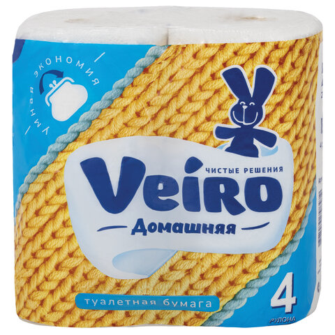 Бумага туалетная бытовая, спайка 4 шт., 2-х слойная (4х15 м), VEIRO "Домашняя", белая, 1с24