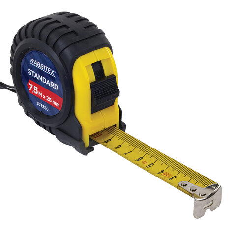 Рулетка измерительная 7,5 м х 25 мм, обрезиненный корпус, с фиксатором, RABBITEX (РАББИТЕКС) Standard, 671350