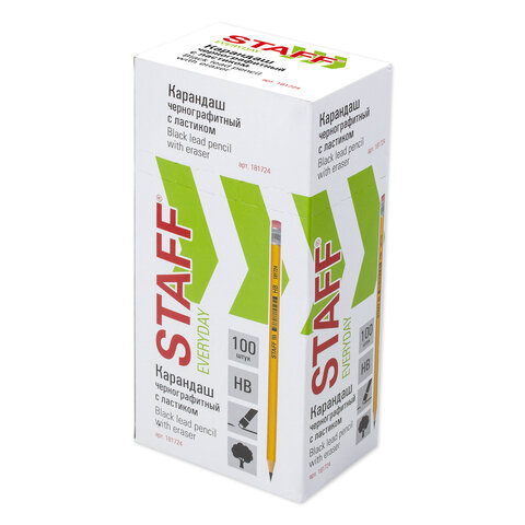 Карандаш чернографитный STAFF "EVERYDAY" BLP-724, 1 шт., НВ, с ластиком, корпус желтый, 181724