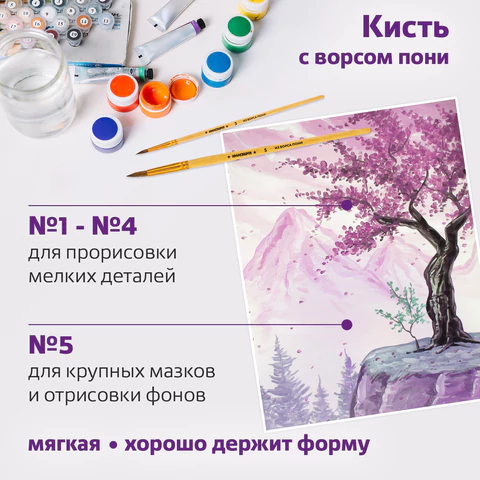 Кисти ЮНЛАНДИЯ, набор 5 шт. (ПОНИ: круглые № 1, 2, 3, 4, 5), блистер с европодвесом, 200893