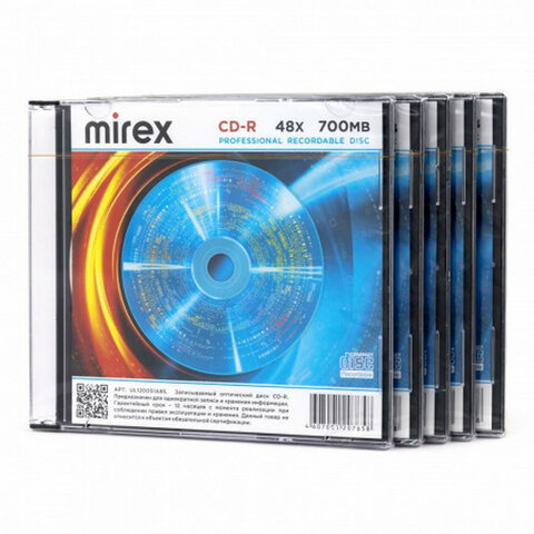 Диски CD-R MIREX, 700 Мб, 48x, Slim Case, КОМПЛЕКТ 5 шт., UL120051A8F